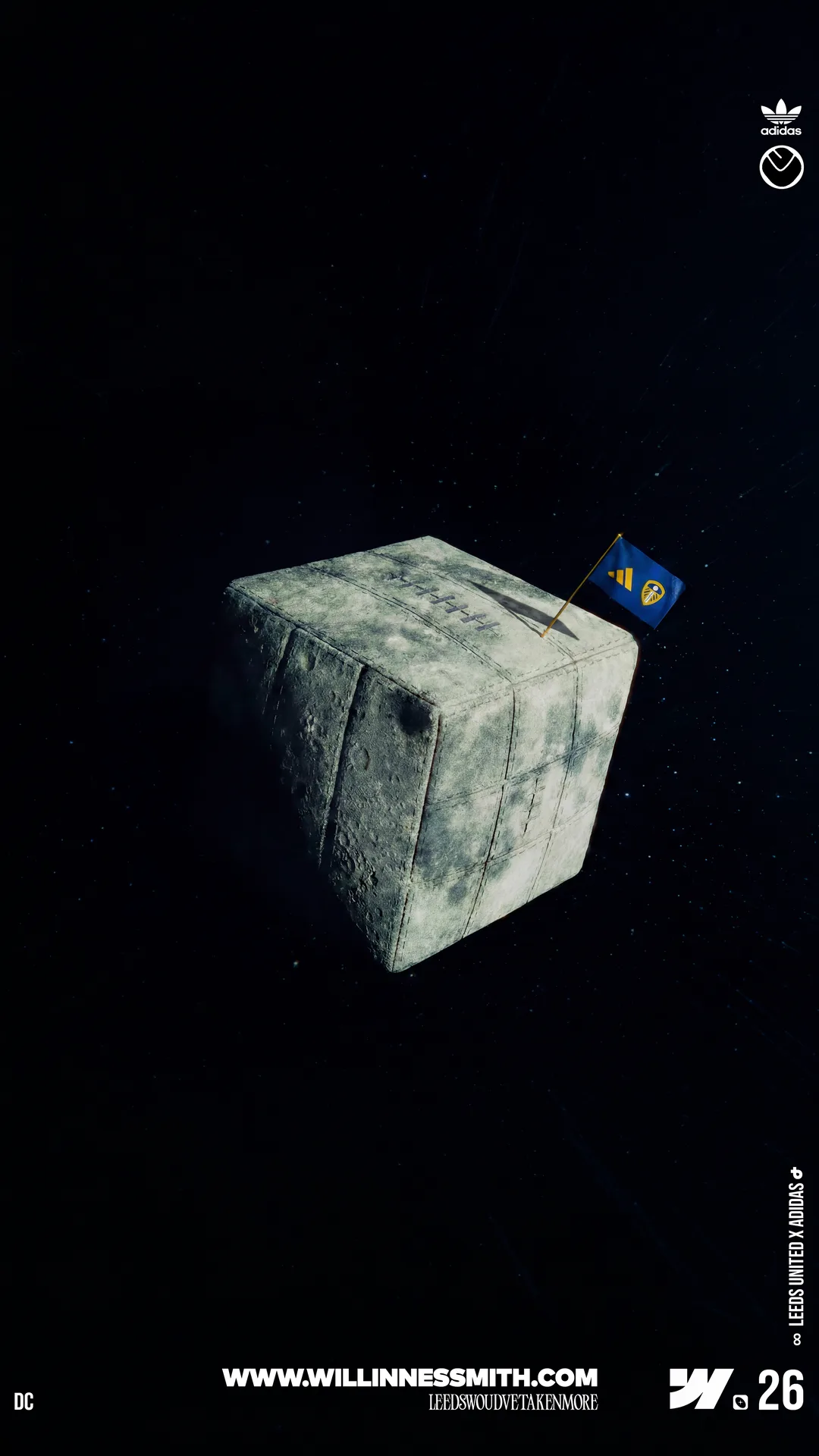 Leeds United x adidas · a flag planted on a floating stone cube in space