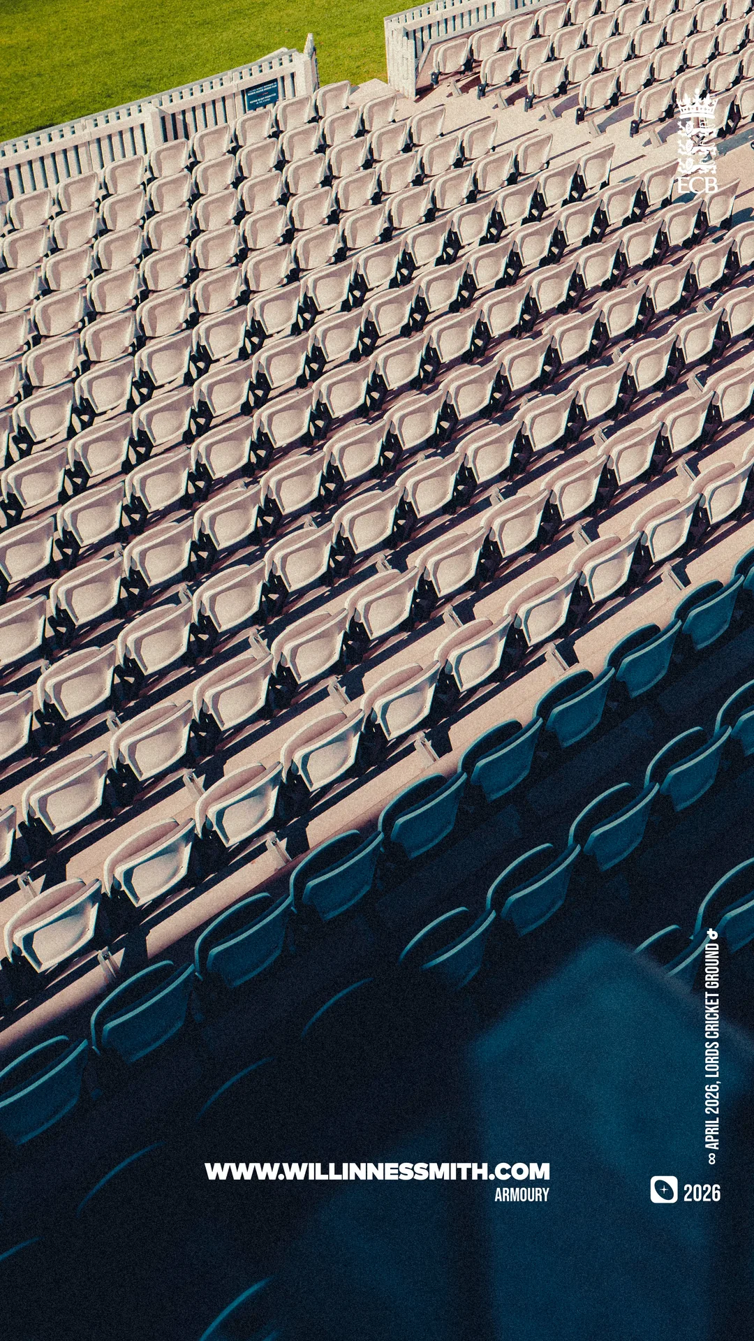 Aerial rows of tan and teal seats, Lord's