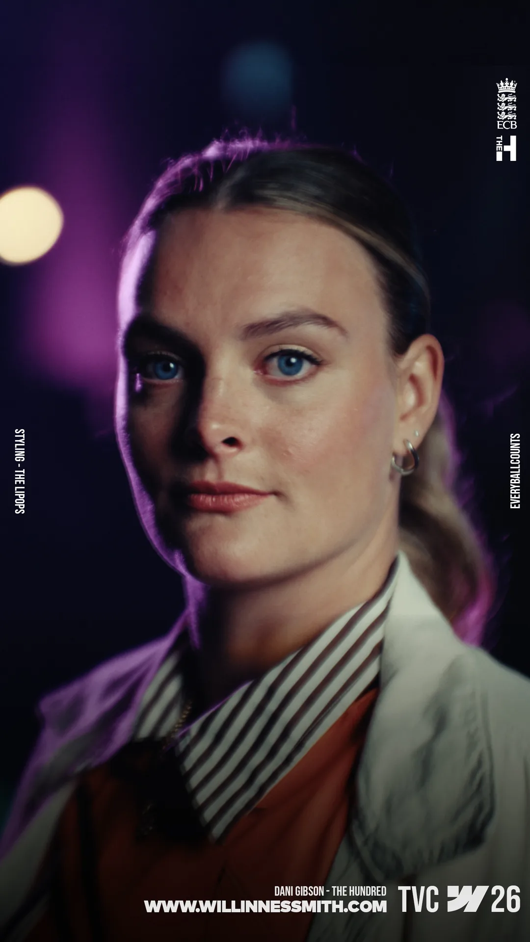 Dani Gibson lit in purple against a dark backdrop · The Hundred