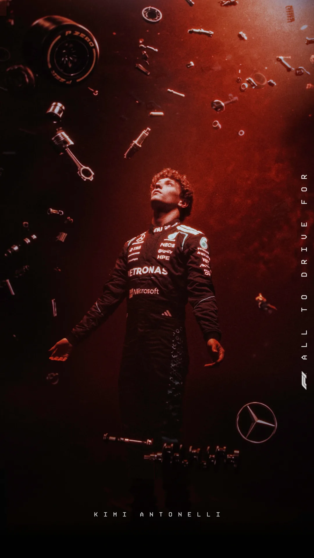 Kimi Antonelli looking up as engine parts hang suspended around him · Lights Out, F1