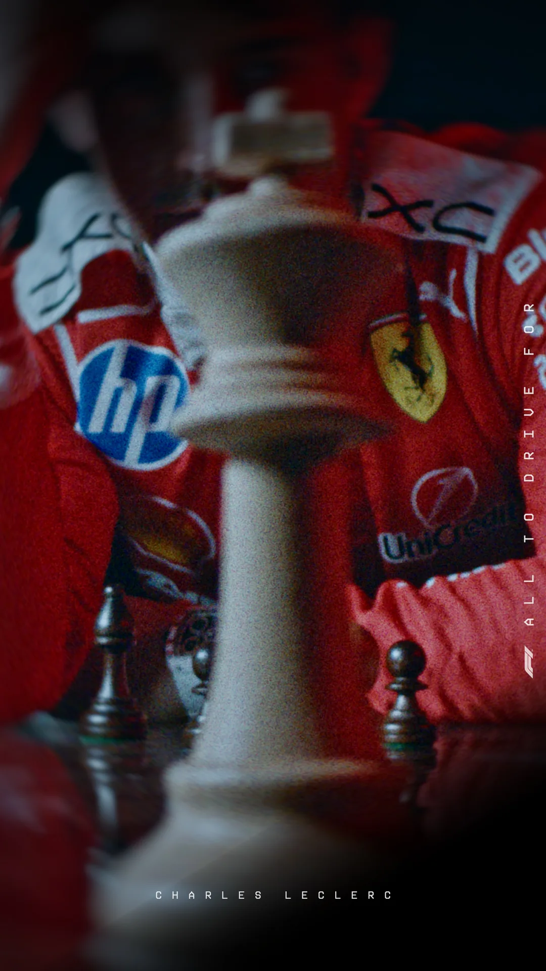 Charles Leclerc behind a trophy, rendered soft and grainy in Ferrari red · Lights Out, F1