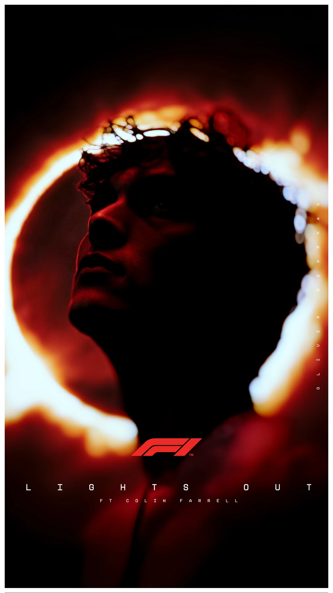 Oliver Bearman in profile, ringed by a halo of fire · Lights Out, F1