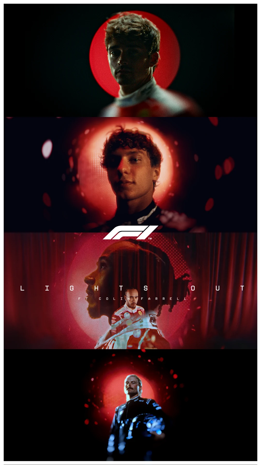 Four drivers stacked in a strip, each framed by a red halo · Lights Out, F1