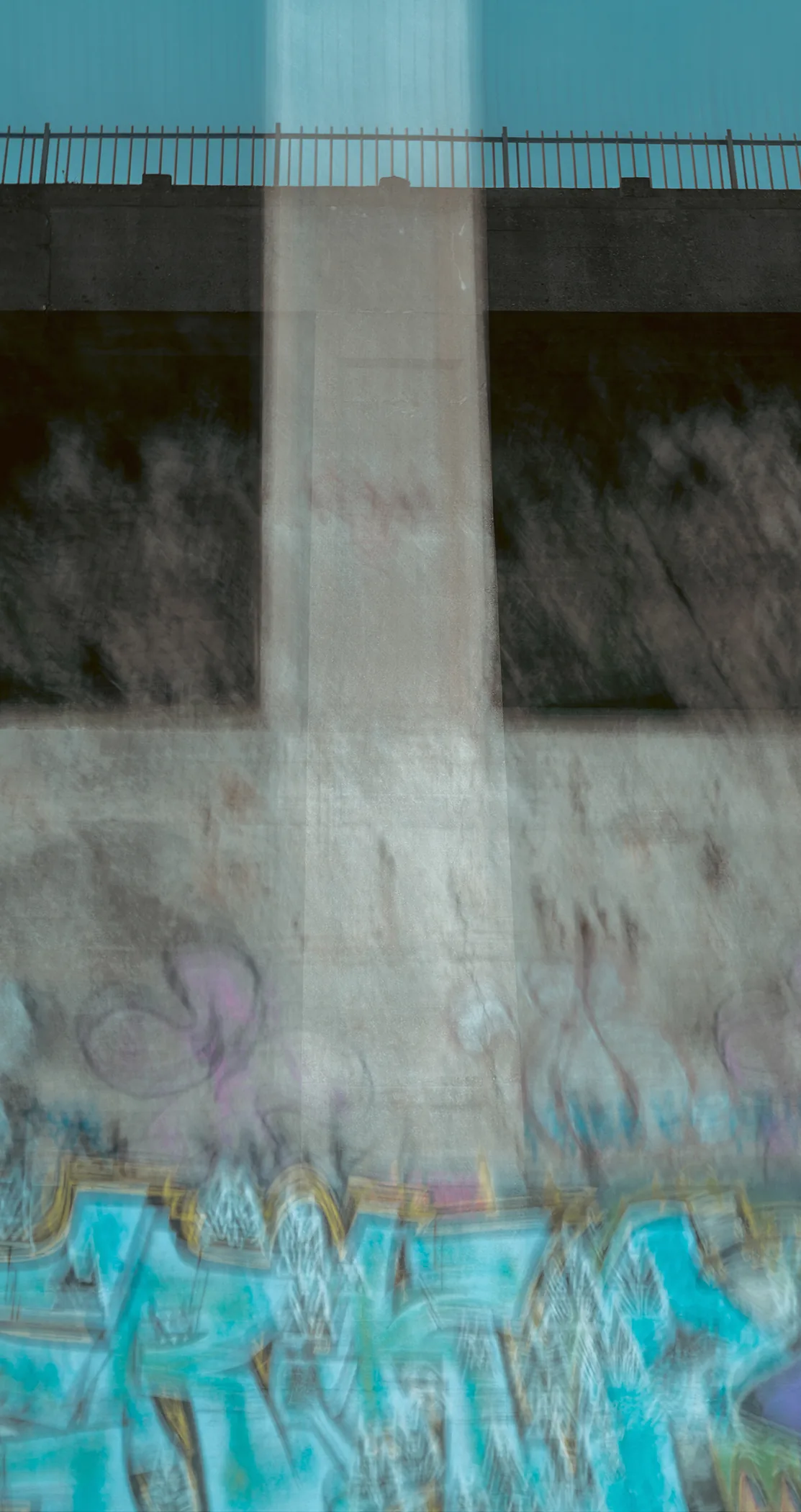 Graffiti on concrete columns beneath an underpass, Margate